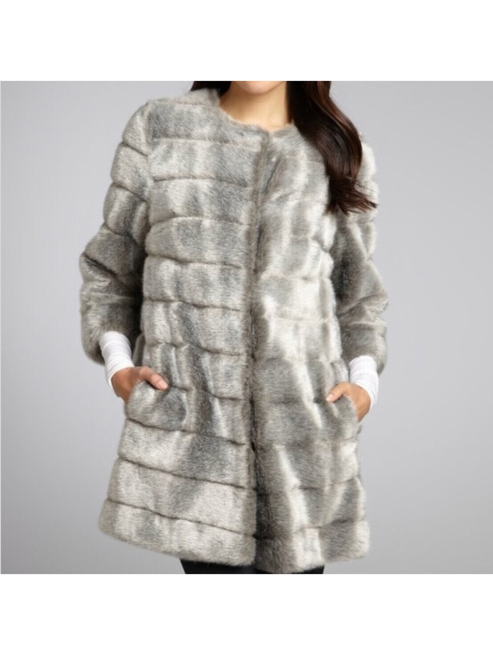Sam Edelman Womens Large Faux Mink Fur Coat 3/4 Sleeve Cheetah Print Lining Gray